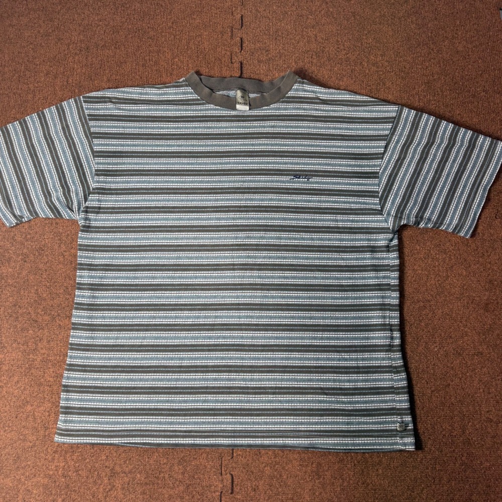 Skidz Mens XL Striped Short Sleeve Shirt Brown Blue Crew Neck Cotton Blend 1535